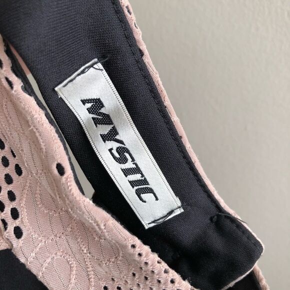 Mystic Vintage Mesh High Neck Fitted Bodycon Open Back Sleeveless Mini Dress Tan - Picture 7 of 14